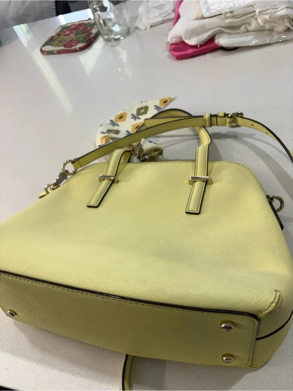 kate spade Lemon Yellow Dome Satchel with Floral Scarf Accent EUC